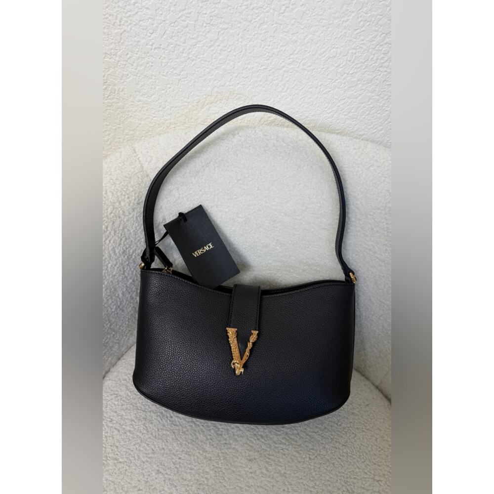 Versace Black virtus Pebbled Leather Shoulder Bag with Gold new